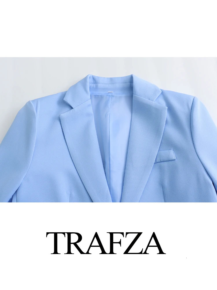 TRAFZA Female Sets Blue TurnDown Collar Long Sleeves Pockets Single ButtonMid Waist Zipper Wide Leg Pants Woman Suit 240423