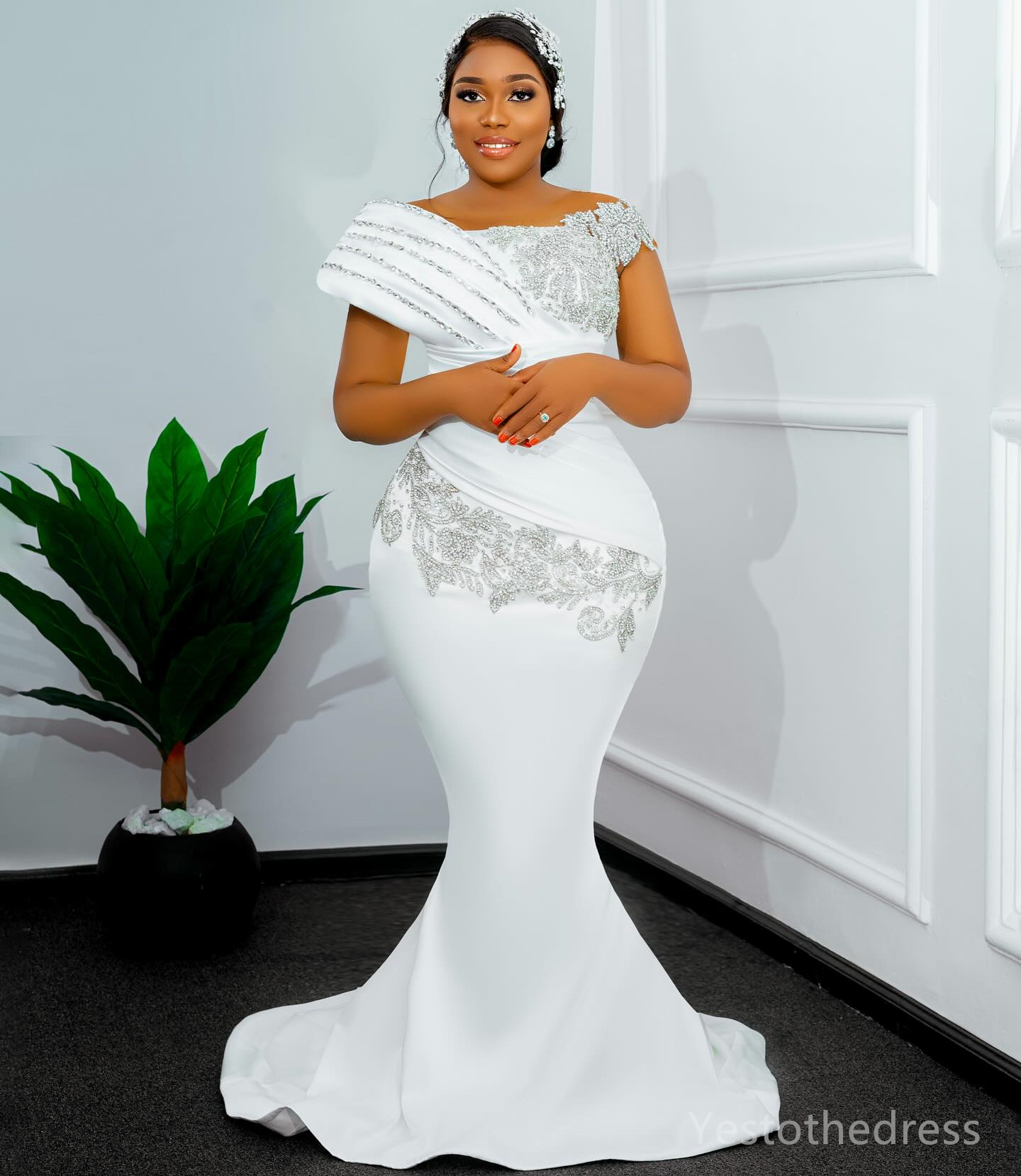 R&W 2024 Mermaid Dress For Bride Bridal With Detachable Train One Shoulder Rhies Beaded Satin Wedding Gowns for African Black Women Marriage D231