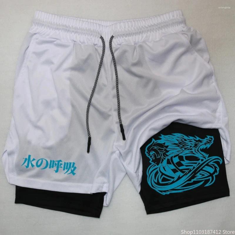 Mens Shorts Fashion Anime Fitness Print 2 In 1 Performance Double Layer Leisure Outdoor Sports M-3XL