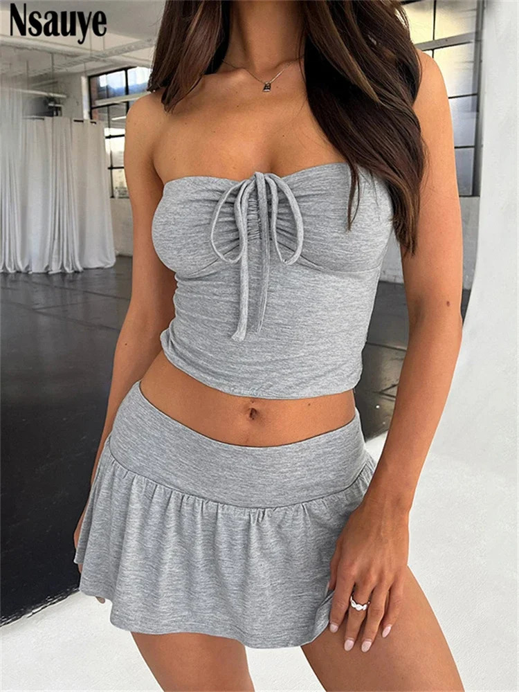 Nsauye Summer Beach Holiday Dress Set Women Sleeveless Tops And Mini Skirt Suits 2 Piece Outfits In Matching 240423