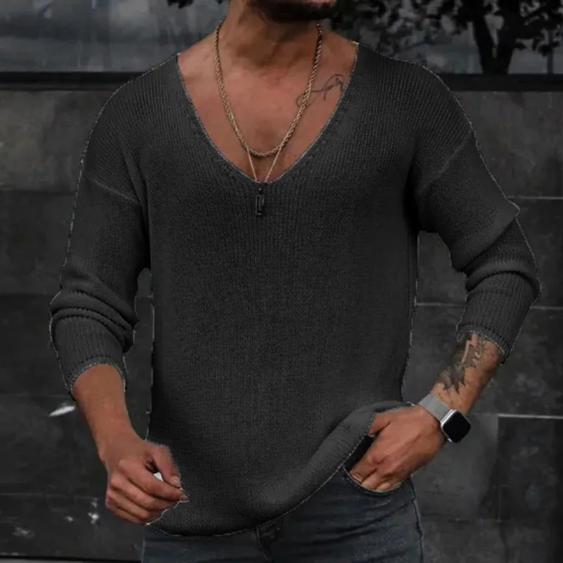 Men Spring V Neck Rib Bottoming T-shirts Pullover Autumn Long Sleeve Slim Fit Tees Tops Simple Casual Plain Thin Knit Shirt 240429