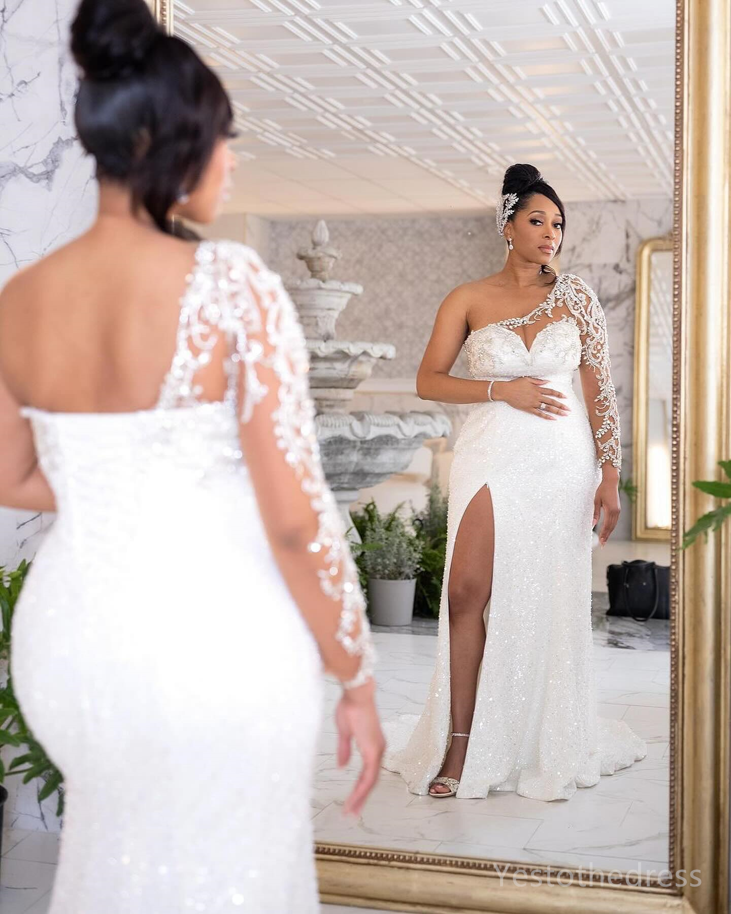 R&W 2024 Mermaid Dress For Bride Bridal With Detachable Train One Shoulder Long Sleeves Beaded Pearls Split Sequined Lace Wedding Gowns for Marriage D