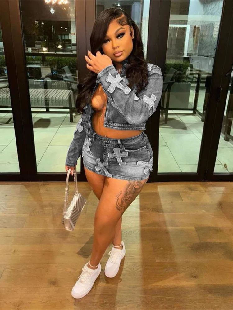 Weird Puss Vintage Women 2piece Set Half High Collar Zip JacketHigh Waist Mini Skirt Hipster Streetwear Denim Embroidery Suits 240423