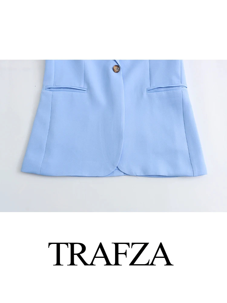 TRAFZA Female Sets Blue TurnDown Collar Long Sleeves Pockets Single ButtonMid Waist Zipper Wide Leg Pants Woman Suit 240423