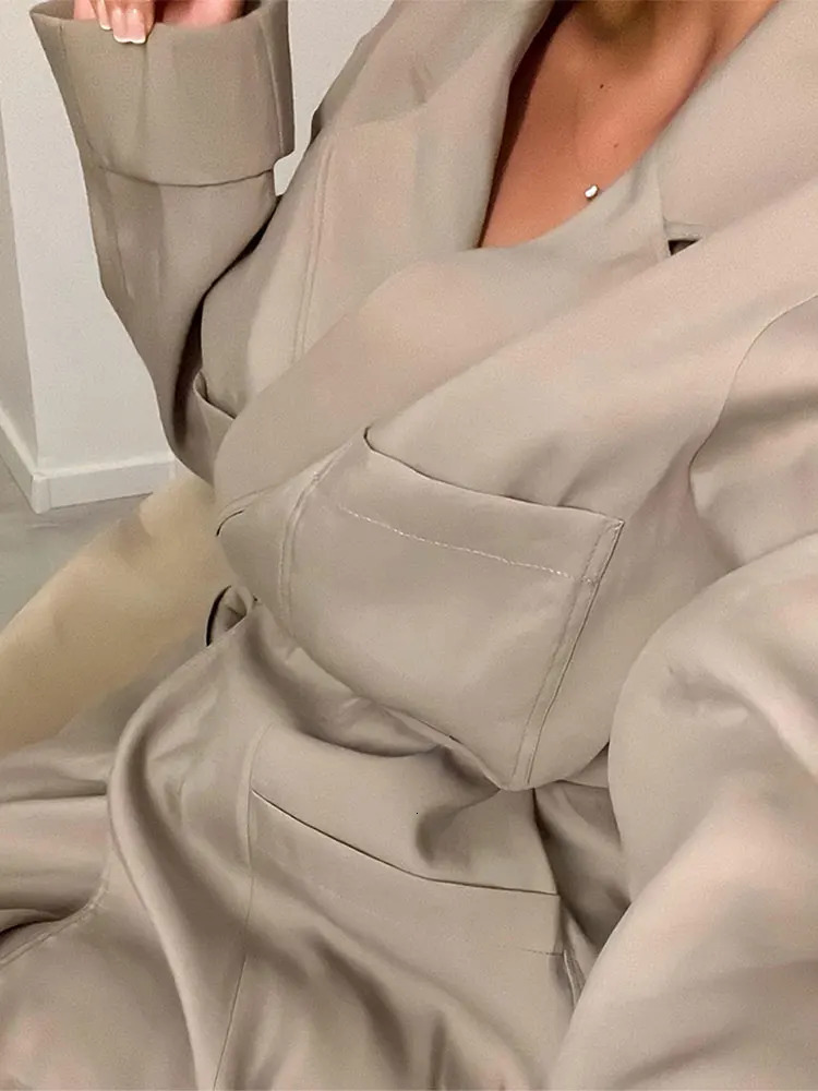 Casual Women Solid loose Blazer Set elegant Lady Lapel Lace Up Long Sleeve Wide Leg Pants Suit Office Commuting Outfit 240423