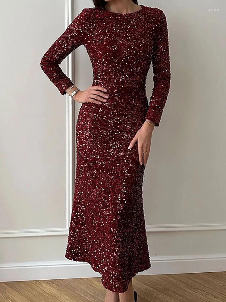 Party Dresses Women Black Full Sequins Sheath Chic Femme Round Neck Dress Casual Long Sleeve Slim Summer Club Vestido