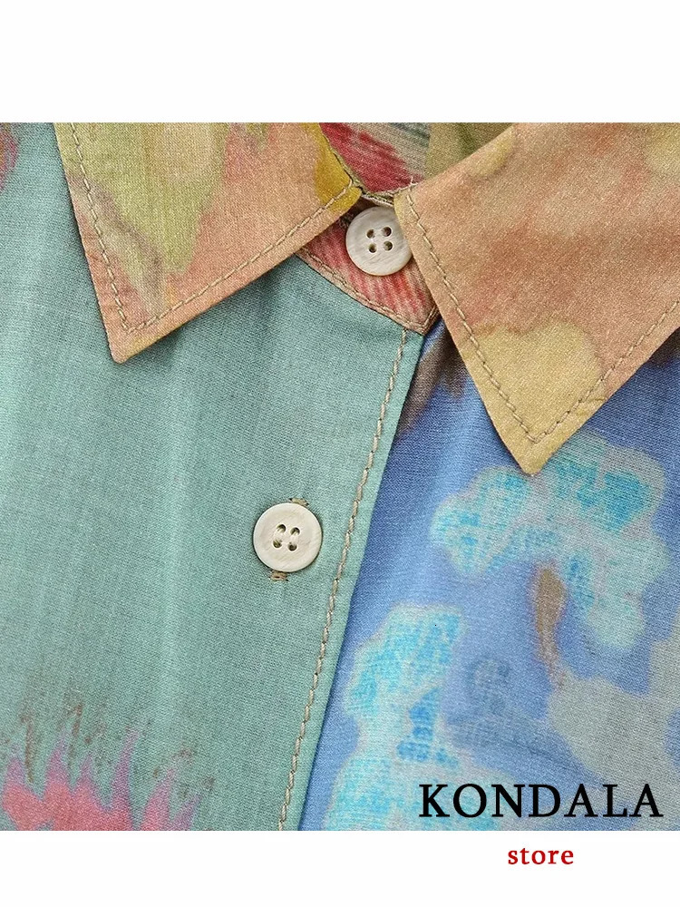 KONDALA Vintage Tie Dye Print Women Suit Single Breasted Blouse Straight Long Loose Pants Fashion Summer Boho Sets 240423