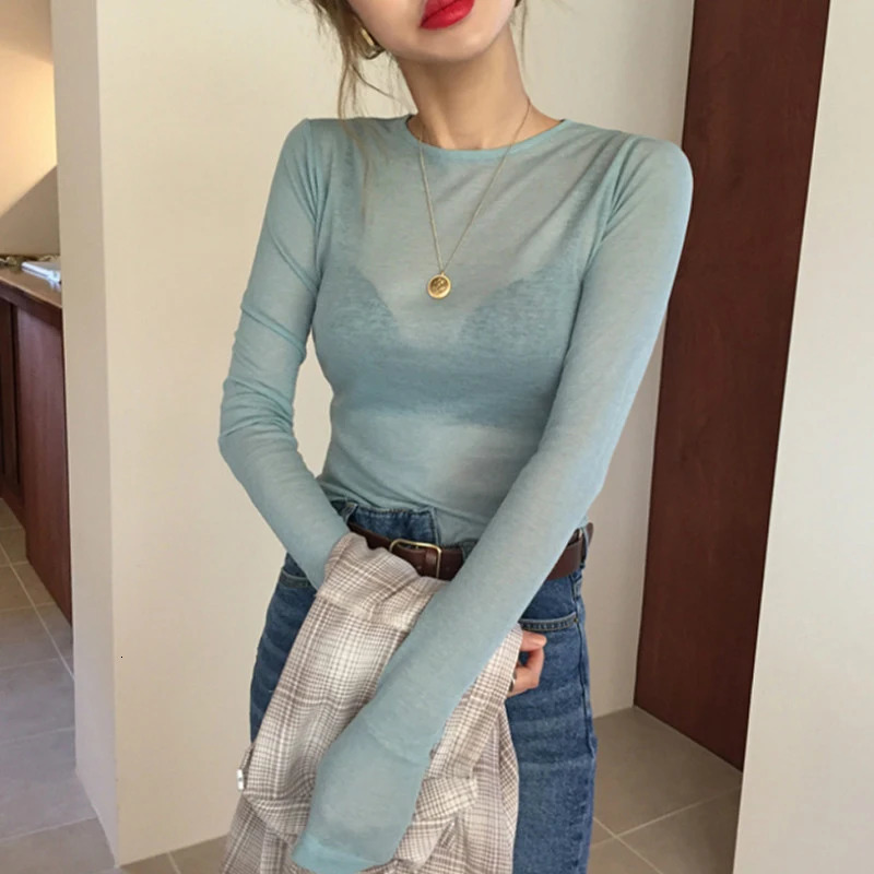 sexy slim high quality plain t shirt women tops spring summer club party see-through Transparent long sleeve tee shirt female 240429