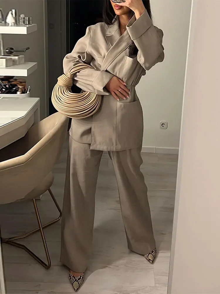 Casual Women Solid loose Blazer Set elegant Lady Lapel Lace Up Long Sleeve Wide Leg Pants Suit Office Commuting Outfit 240423