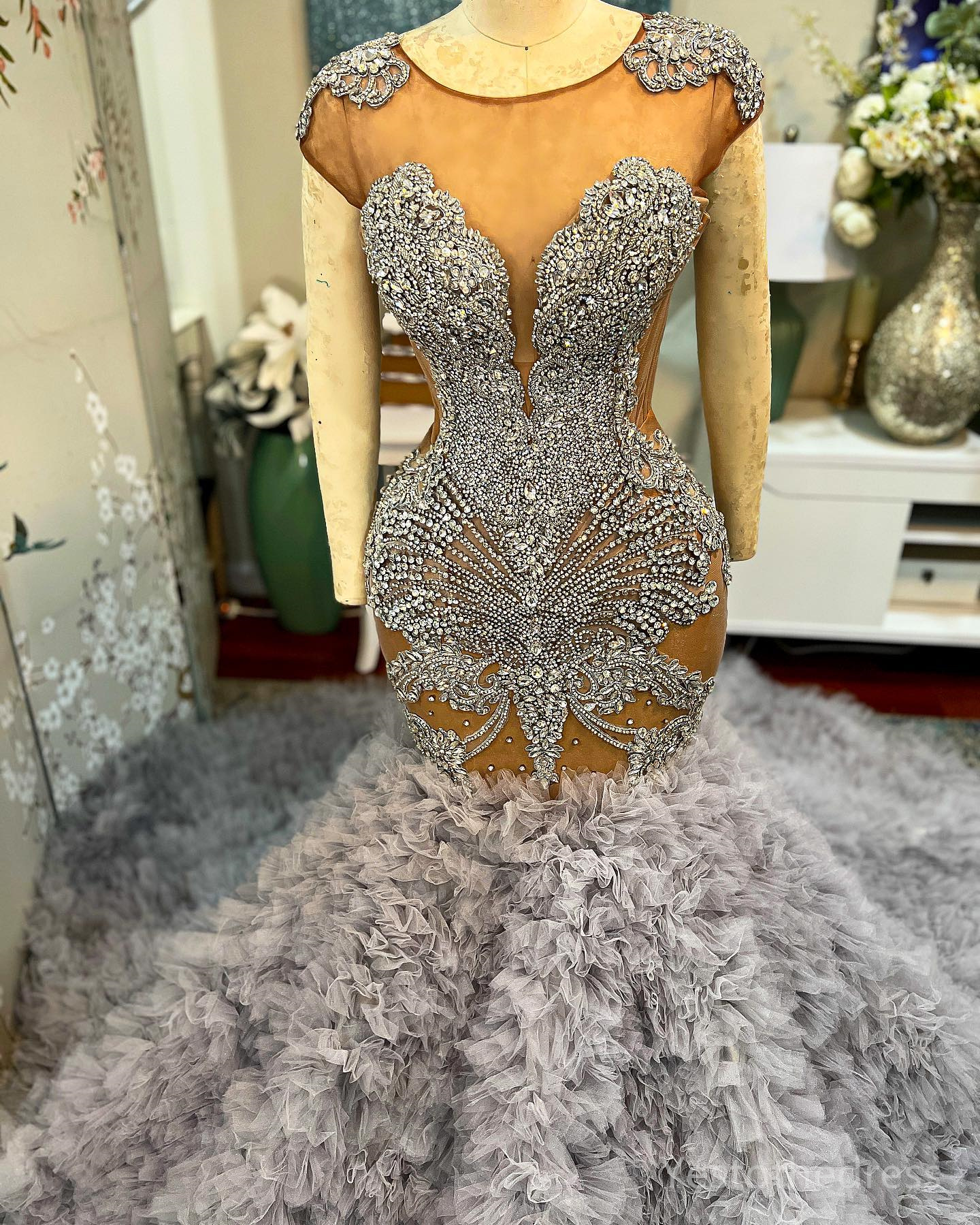Urious Mermaid 2024 Dress Bride Bridal Illusion Rhies Crystals Decorated Pleated Wedding Gowns For African Black Women Marriage D233
