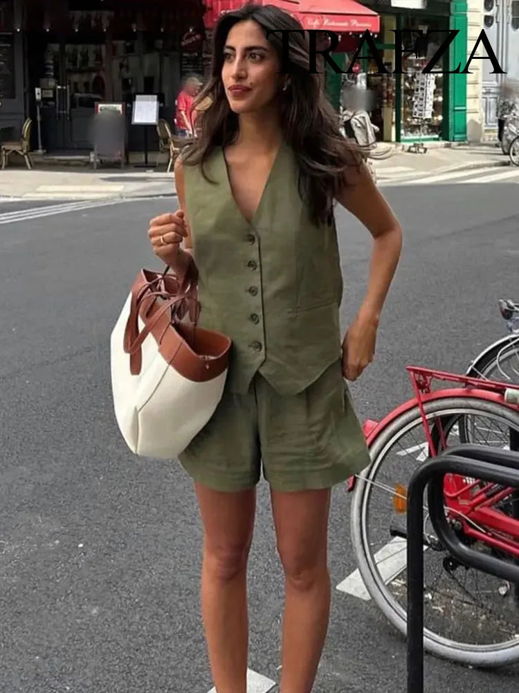 TRAFZA Womens Fashion Suits Solid Color VNeck Sleeveless Pockets Single Breasted VestsHigh Waist Decorate Short Pants 240423