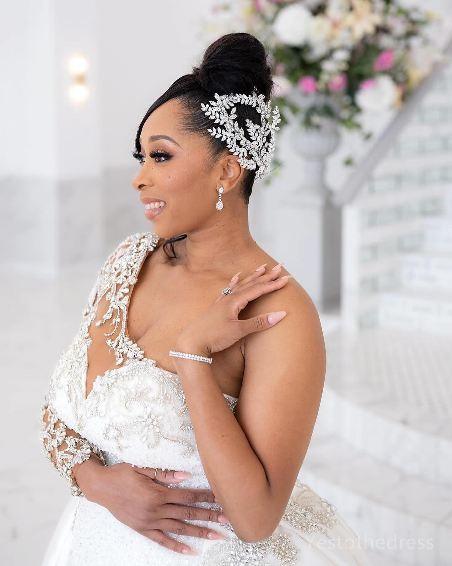 R&W 2024 Mermaid Dress For Bride Bridal With Detachable Train One Shoulder Long Sleeves Beaded Pearls Split Sequined Lace Wedding Gowns for Marriage D