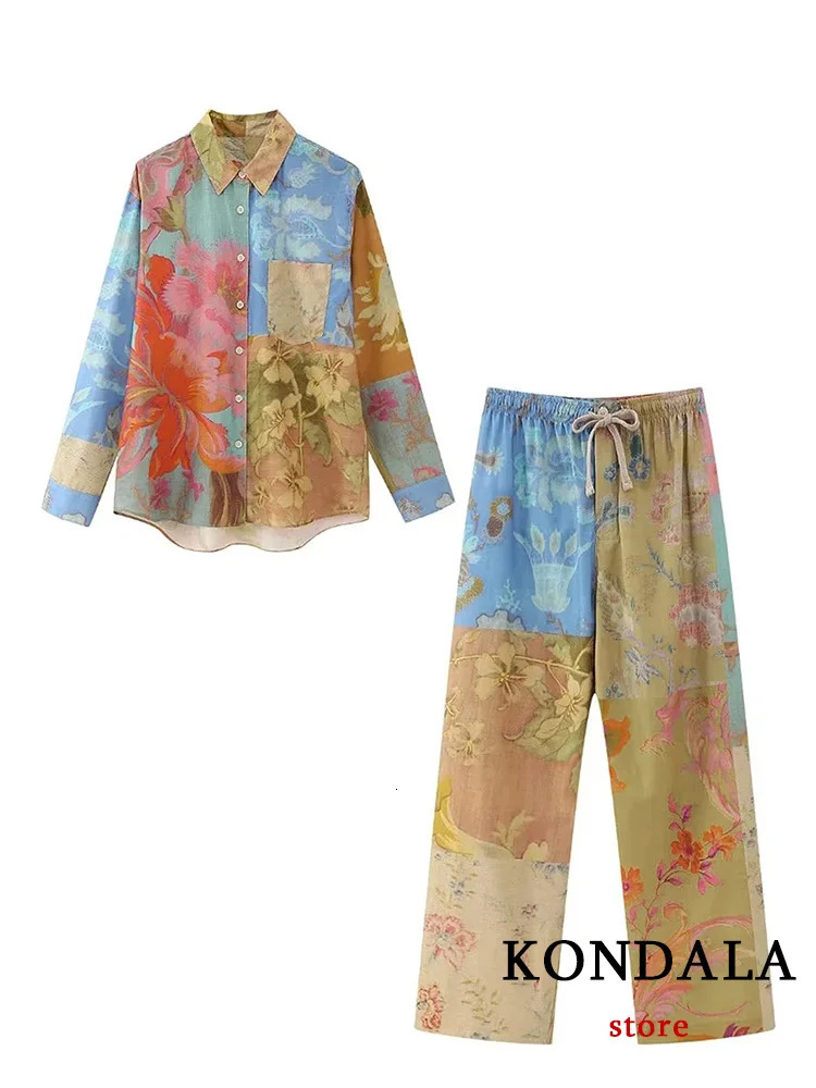 KONDALA Vintage Tie Dye Print Women Suit Single Breasted Blouse Straight Long Loose Pants Fashion Summer Boho Sets 240423