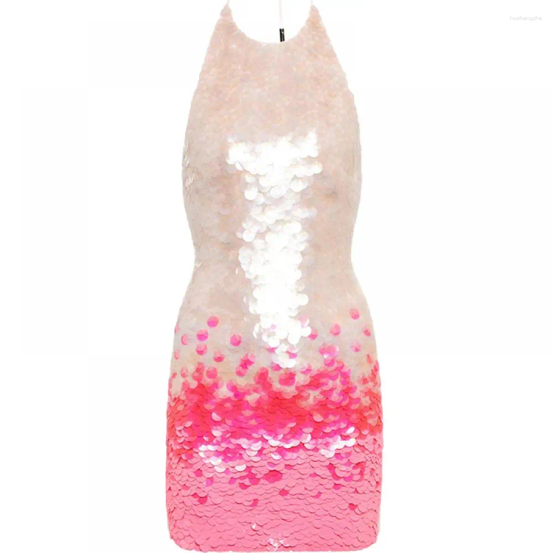 Casual Dresses Club Sexy Open Back Hanging Neck Colored Gradient Pink Sequin Sling Dress Women Slim Mini 2024 Vacation