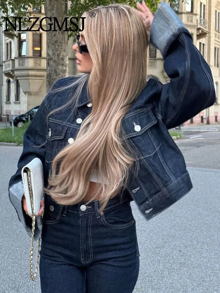 TRAF Autumn Women Fashion Loose Short Denim Jacket Draped Wideleg Jean 2 Piece Set Suit 240423