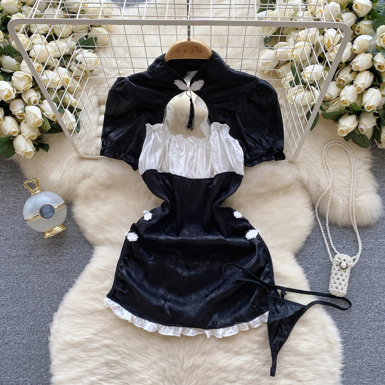 Women Sexy Hollow Skirts Suits Lace Patchwork Turndown Collar Tops Mini Skirt Underpants 3 Pieces Erotic Pajamas Sets Cosplay 240423