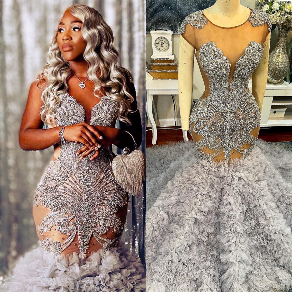 Urious Mermaid 2024 Dress Bride Bridal Illusion Rhies Crystals Decorated Pleated Wedding Gowns For African Black Women Marriage D233