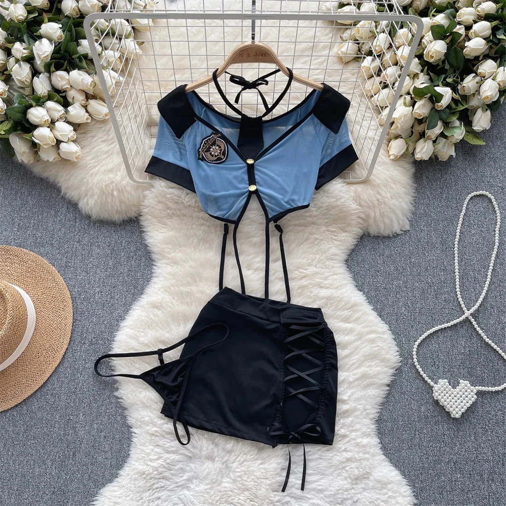 Women Sexy Hollow Skirts Suits Lace Patchwork Turndown Collar Tops Mini Skirt Underpants 3 Pieces Erotic Pajamas Sets Cosplay 240423