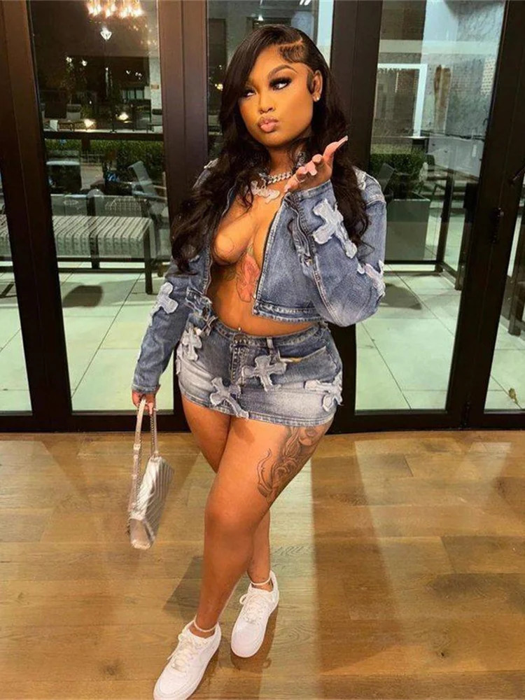 Weird Puss Vintage Women 2piece Set Half High Collar Zip JacketHigh Waist Mini Skirt Hipster Streetwear Denim Embroidery Suits 240423