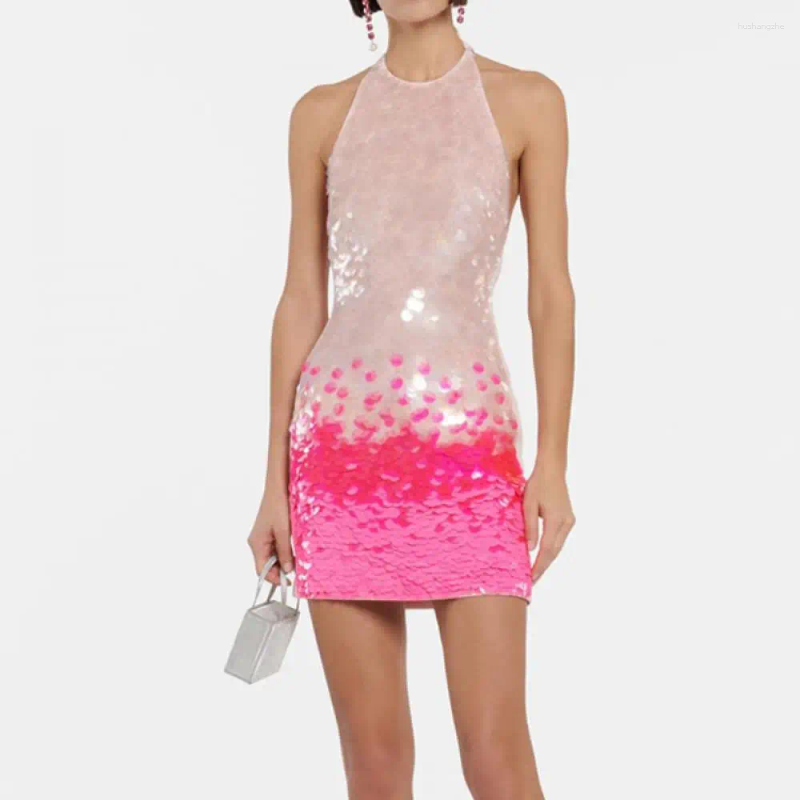 Casual Dresses Club Sexy Open Back Hanging Neck Colored Gradient Pink Sequin Sling Dress Women Slim Mini 2024 Vacation