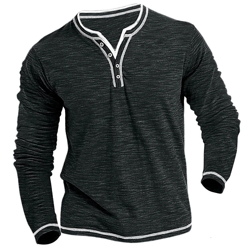 Mens Plain Henley Shirt Round Neck T-shirt Summer Comfortable Cotton Fashion Long Sleeve Casual Street Wear Sports Top Basic 240429