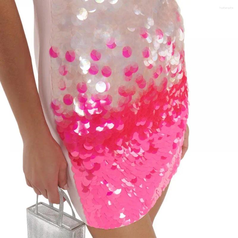 Casual Dresses Club Sexy Open Back Hanging Neck Colored Gradient Pink Sequin Sling Dress Women Slim Mini 2024 Vacation