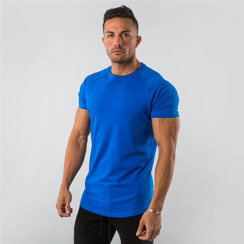 Summer Solid Cotton Short Sleeve T-Shirt Men Gym Clothing Fashion Plain Tight Tops Tees Sports Bodybuilding Fitness T shirt Men 240429
