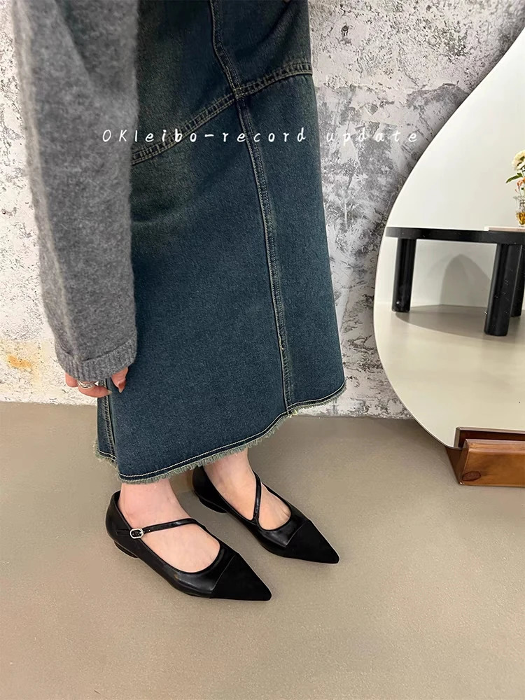 3 Color Womens Flats Mary Janes Shoes Pointed Toe Low Heels Dress Shoes Diagonal Buckle Leather Shoes 240428