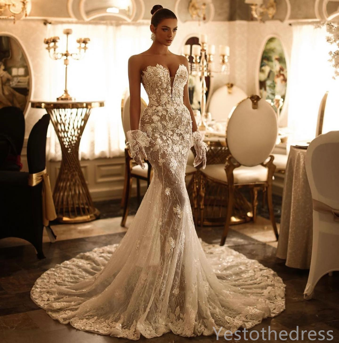 R&W 2024 urious Mermaid Dress For Bride Bridal Sweetheart Appliqued Beaded Lace Pearls Crystals Ruffled Wedding Gowns for Black Women Marriage D239