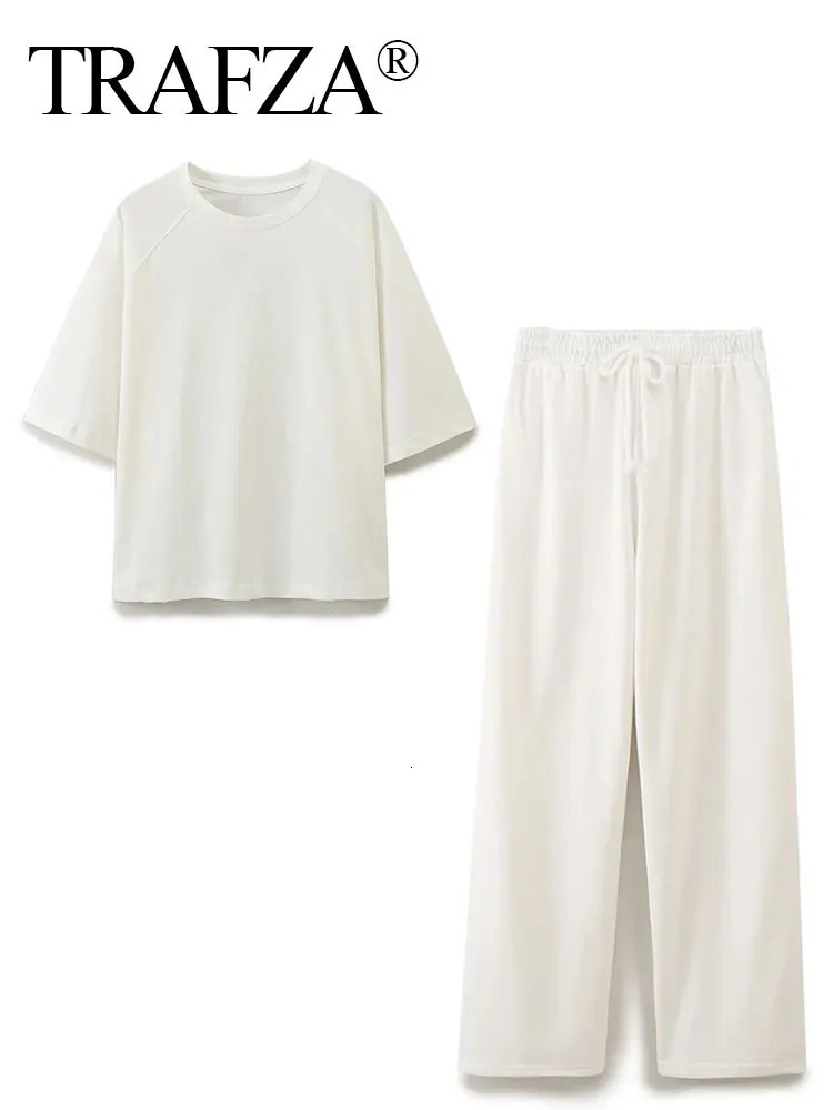 TRAFZA Summer Women Casual T Shirt Pant Sets Elegant Pink O Neck Short Sleeve TShirt Drawstring Loose Trousers Spring Suit 240423