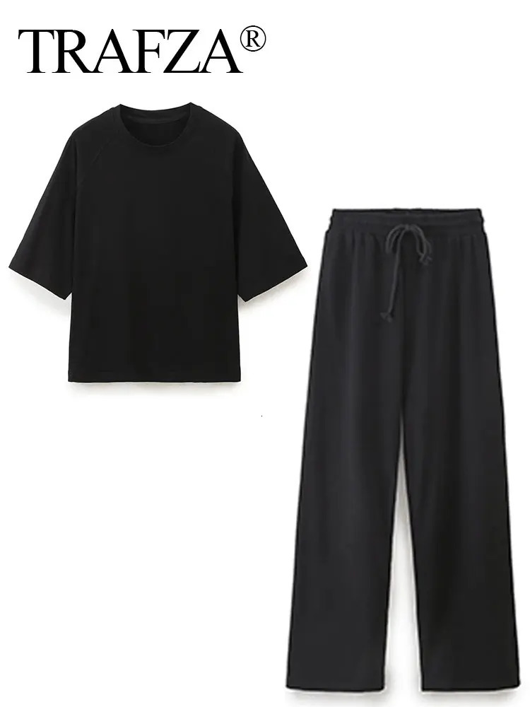 TRAFZA Summer Women Casual T Shirt Pant Sets Elegant Pink O Neck Short Sleeve TShirt Drawstring Loose Trousers Spring Suit 240423