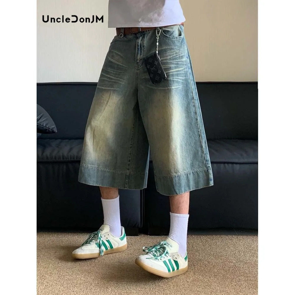 Retro Wide Leg Jorts Summer Retro Washed Straight Denim Shorts Men Knee Lenght Pants 240430