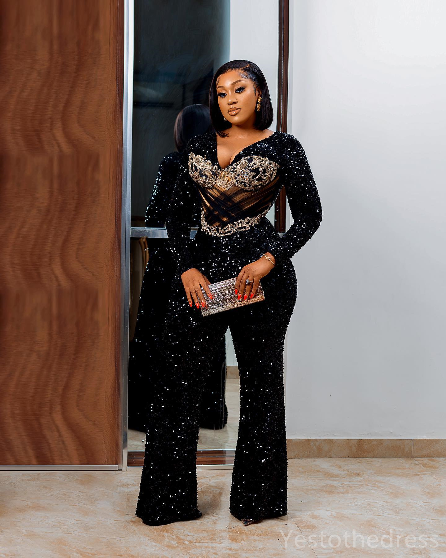 2024 Plus Size Black Jumpsuits Prom Dresses for Special Occasions Evening Dresses Elegant Long Sleeves Sequined Lace Birthday Party Dress Reception Go