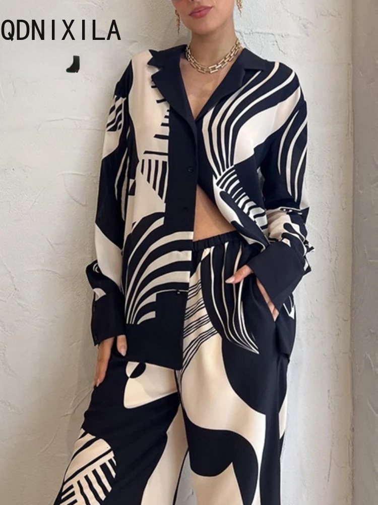 2 Piece Set Outfits Printted Casual Loose Sexy Women Long Sleeve Shirts Wide Leg Pant Sets 2024 Spring Streetwear 240419