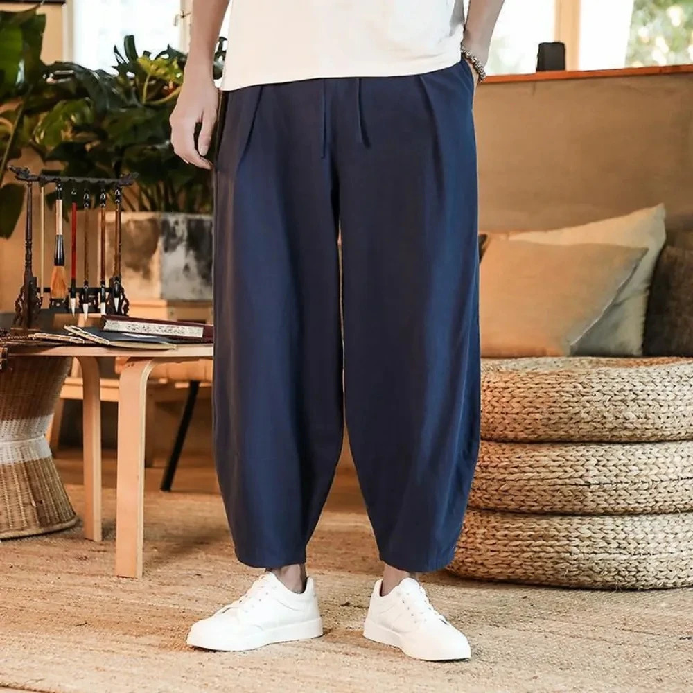 Mens Pants Cotton and Linen Male Summer Pure Color Trousers Loose Baggy Streetwear Plus Size 240429