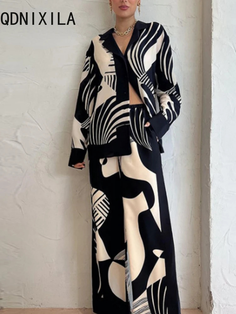 2 Piece Set Outfits Printted Casual Loose Sexy Women Long Sleeve Shirts Wide Leg Pant Sets 2024 Spring Streetwear 240419