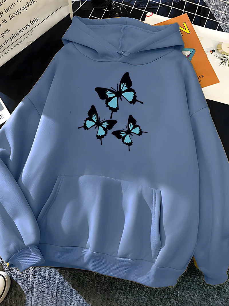 Hirsionsan Butterflies Print Women Sweatshirt Soft Casual Loose Female Hoodies Winter Warm Fleece Tops for Girls 240428