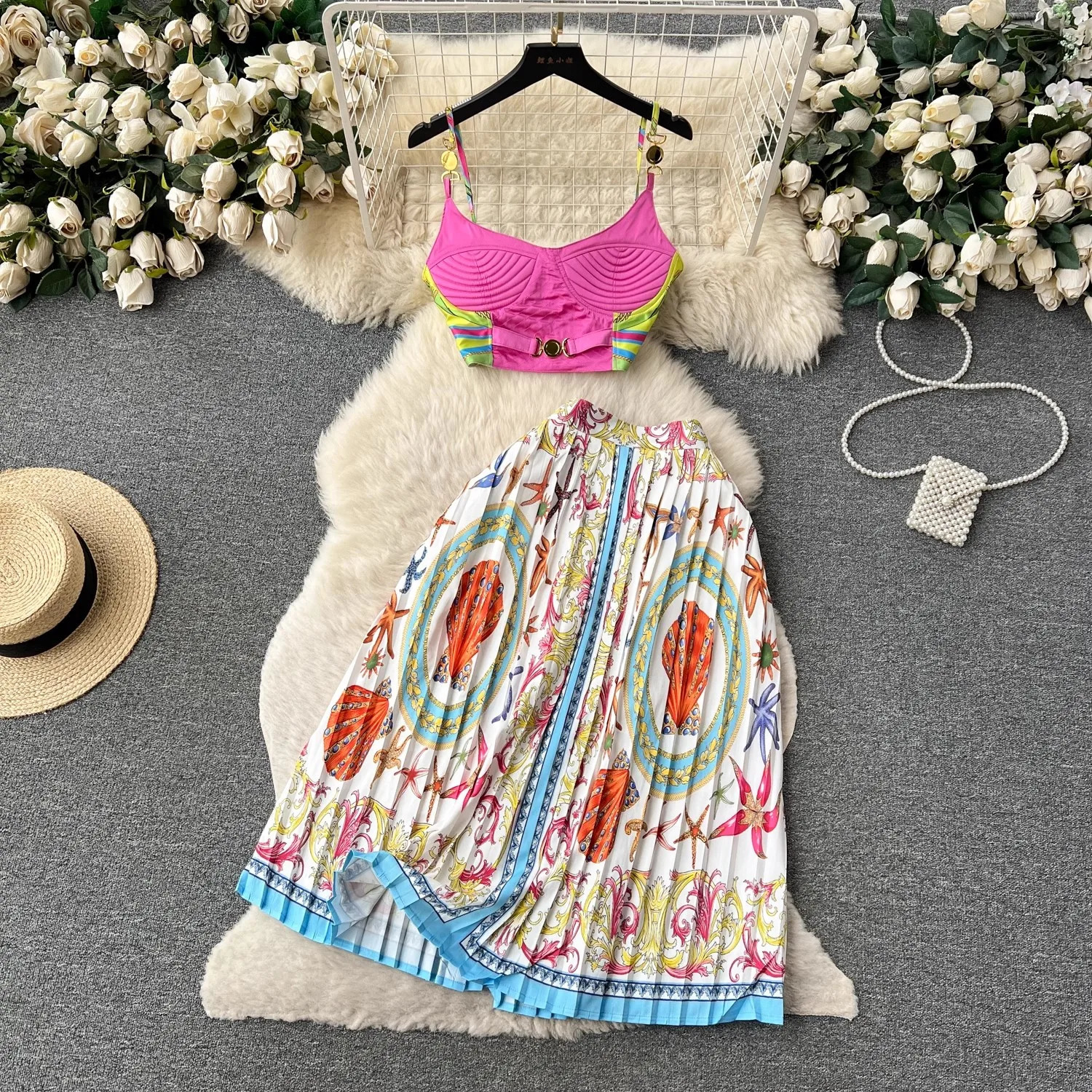 Summer Holiday Sexy Baroque Chain Two Piece Set Womens Simple Metal Buckle Spaghetti Strap Crop Top Pleated Midi Skirt Suit 240423