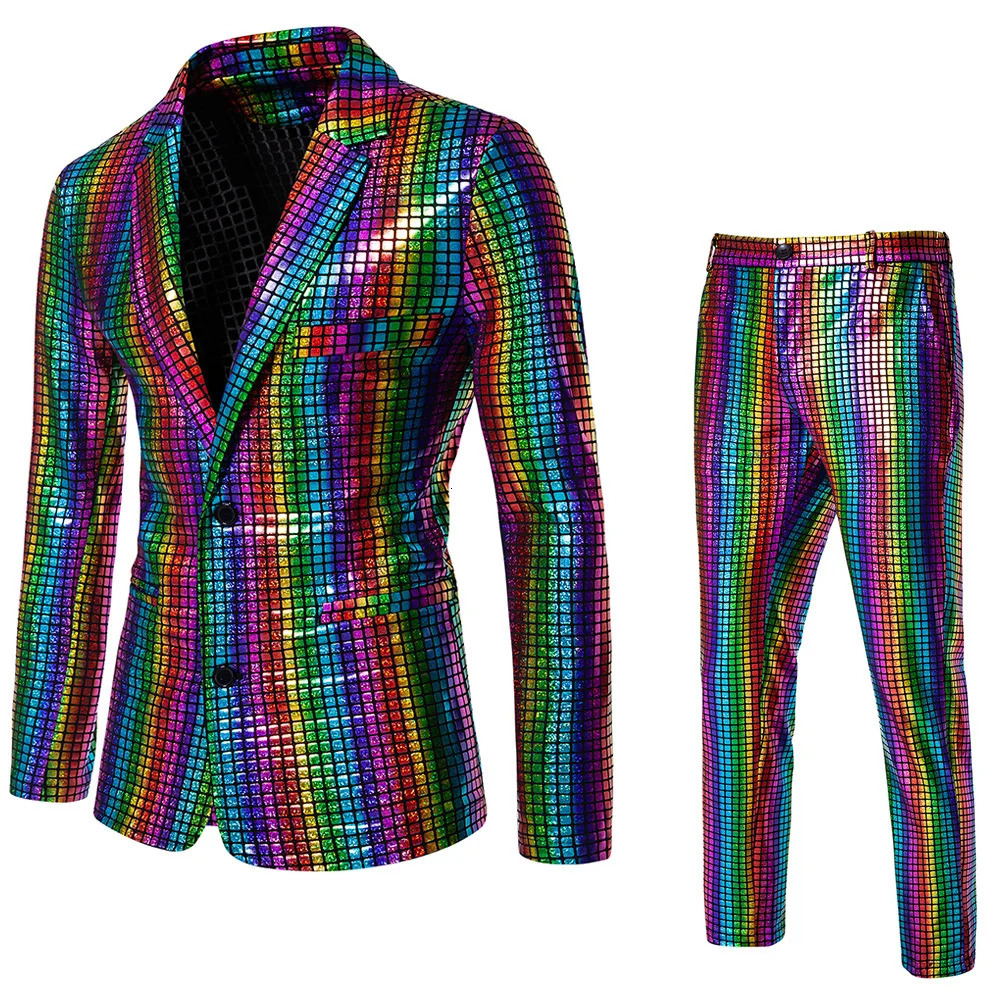 Fashionable Mens Sequin Stamping Suit Disco Cosplay Party Stage Nightclub Shiny and Cool Performance Set SizeS3XL 240430