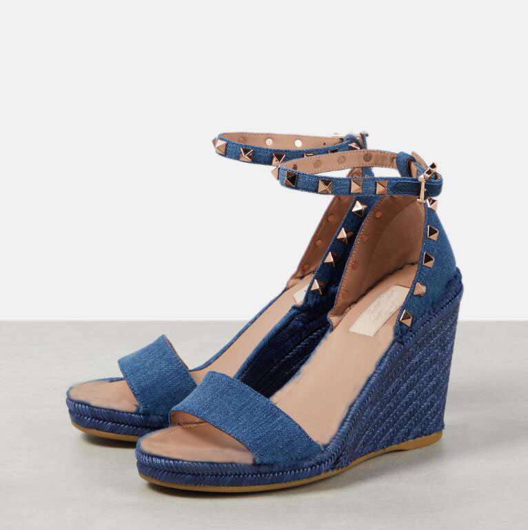 Elegant Luxury brands calfskin leather sandal ankle strap wedge Caged Wedge espadrille black nude brown High Heels genuine leather High heel With Box 35-43