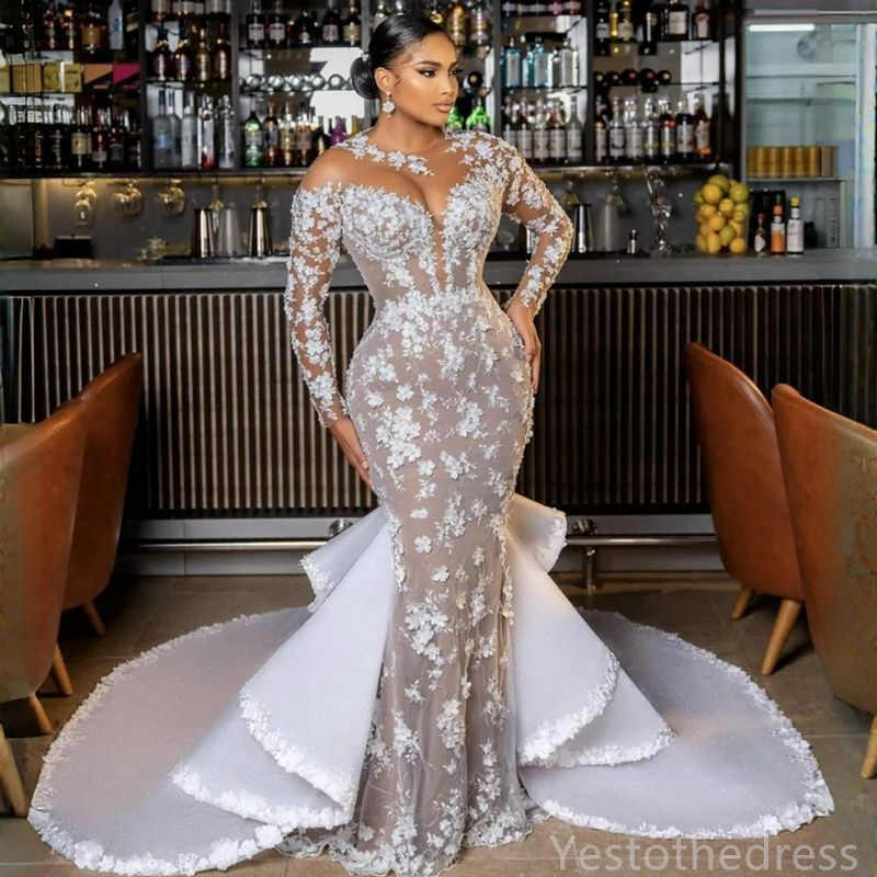 2024 Mermaid Dress For Bride Bridal With Detachable Train Long Sleeves Appliqued Beaded Lace Crystals Wedding Gowns For Black Women Marriage D237 0516