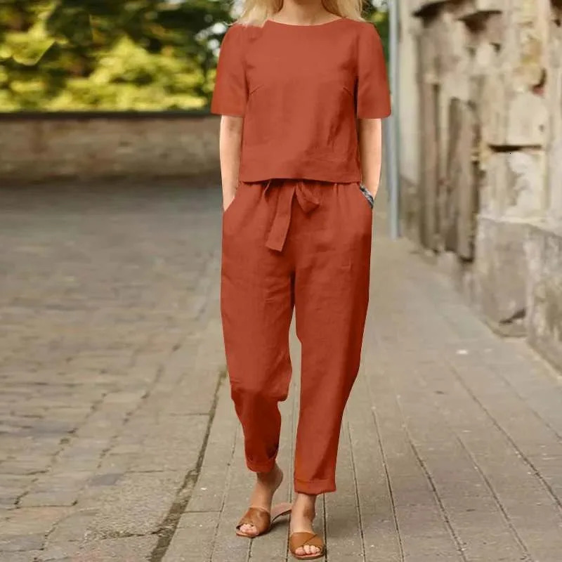 Summer Short Sleeve Sets Women Retro Cotton Solid High Waist Pockets Two Piece Casual Ladies Loose Wide Leg Pants Outifit 240423
