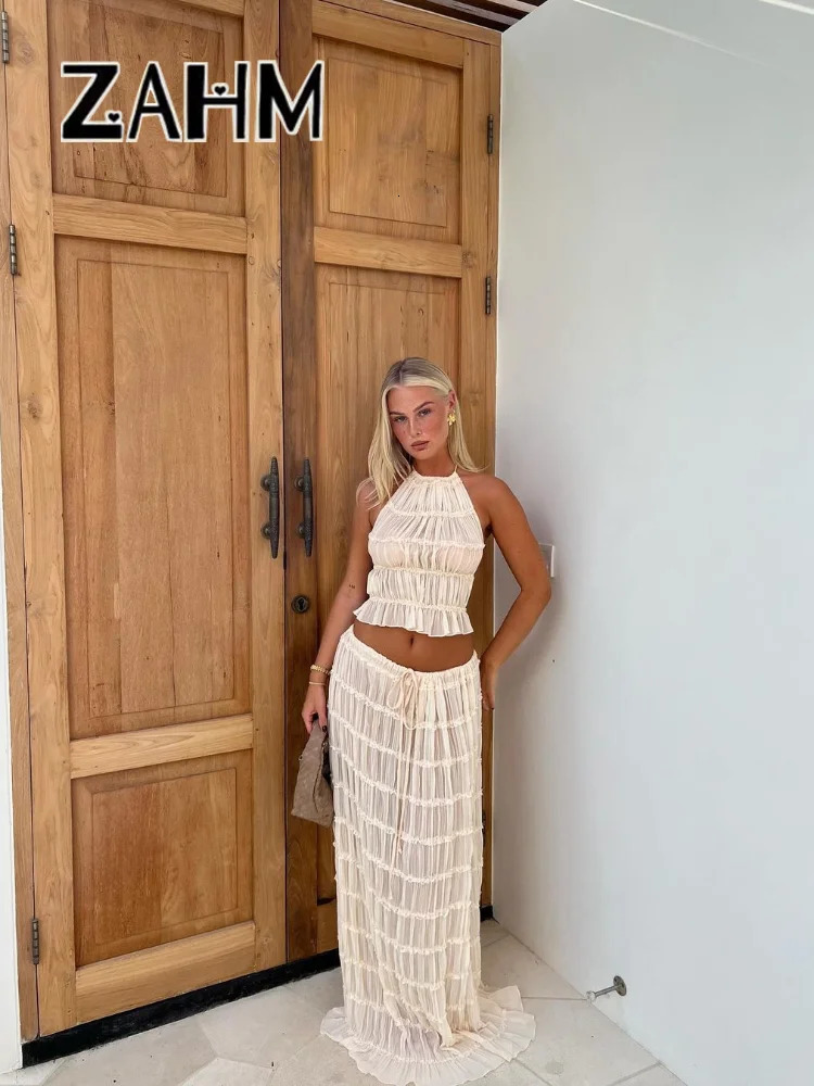 Sexy Halter Pleated Crop Tops Maxi Skirts Set Women Sleeveless Backless Skirt Suit Female Summer Ladies Beach Outfits 240423