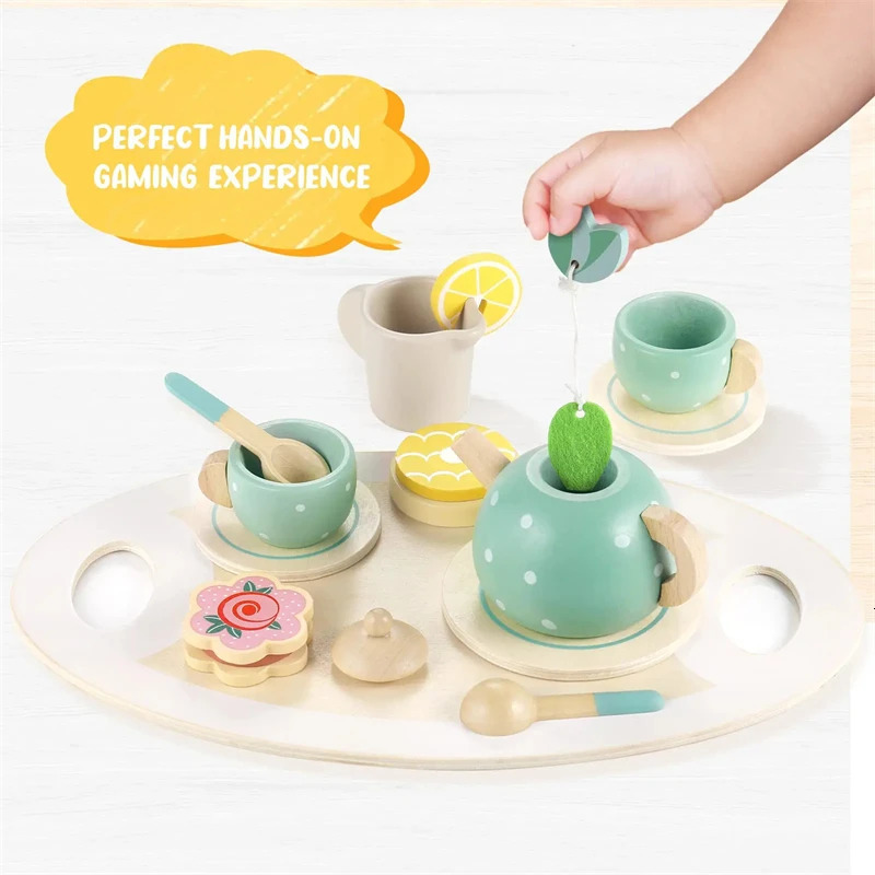 Wooden Afternoon Tea Set Toys for Girls Boys Toddlers Food Pretend Play Simulation Kitchen Wood Cup Kids 240416