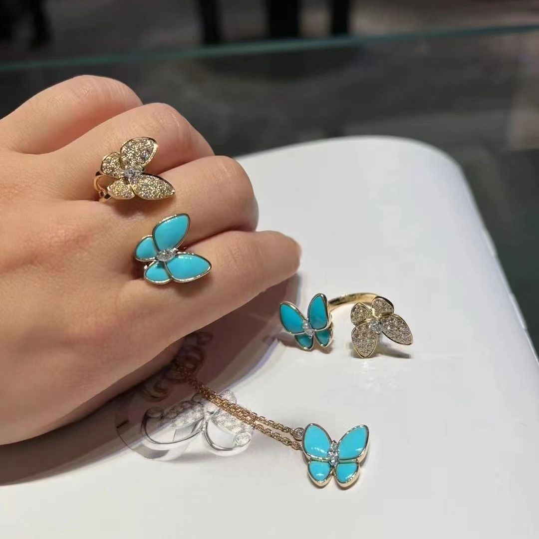 Charm Jewelry sets Blue Butterfly Necklace Butterfly Ring 925 sterling silver plated with 18k rose gold turquoise butterfly pendant CNC precision Luxury Jewelry
