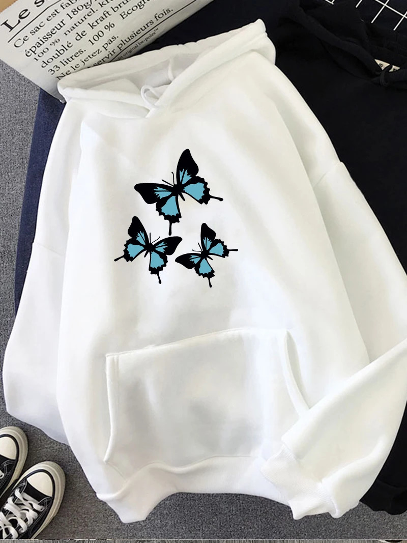 Hirsionsan Butterflies Print Women Sweatshirt Soft Casual Loose Female Hoodies Winter Warm Fleece Tops for Girls 240428