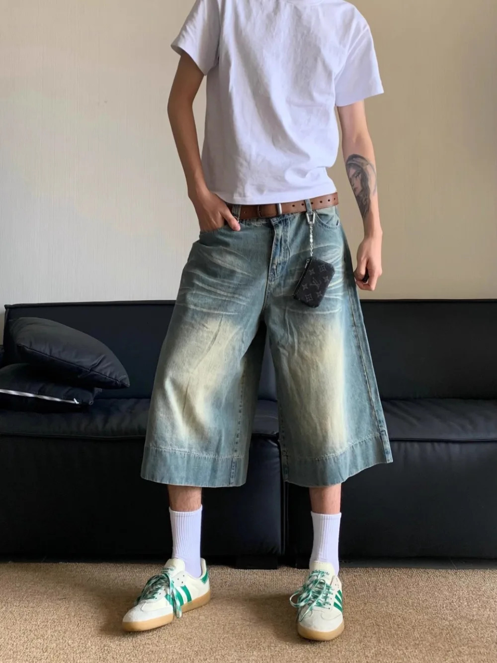 Retro Wide Leg Jorts Summer Retro Washed Straight Denim Shorts Men Knee Lenght Pants 240430