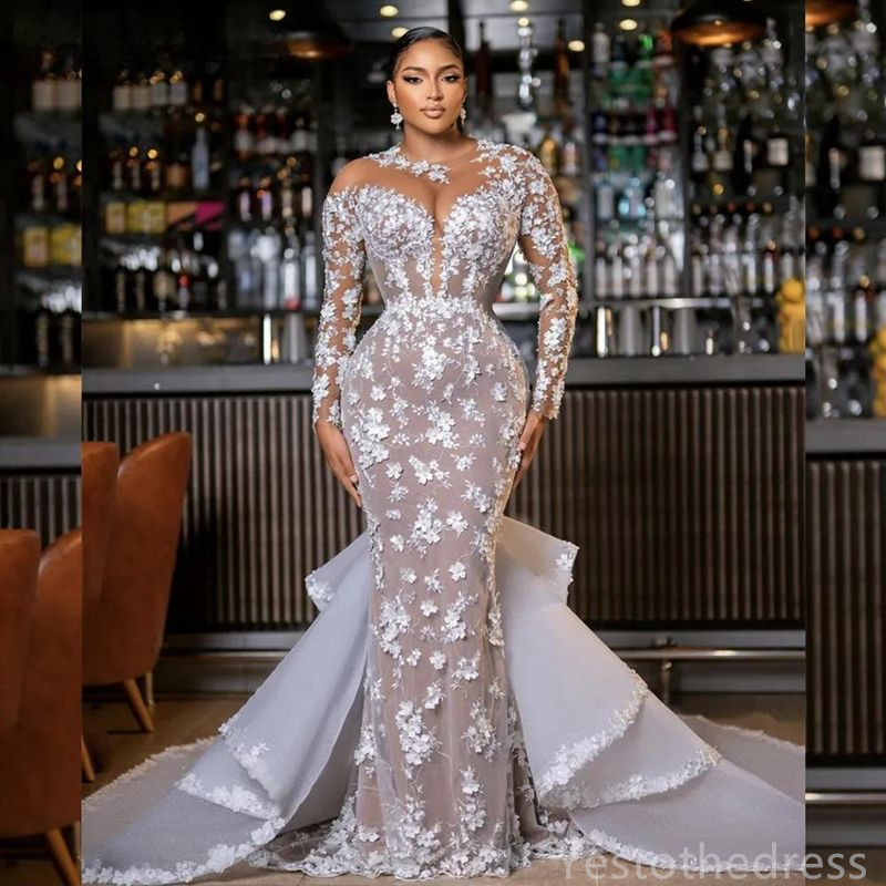 2024 Mermaid Dress For Bride Bridal With Detachable Train Long Sleeves Appliqued Beaded Lace Crystals Wedding Gowns For Black Women Marriage D237 0516