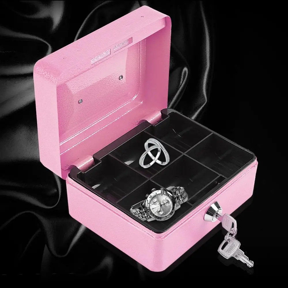 Roze Veilig Spaarpot Cash Register Insert Lade Kassier Lade Opslag Mini Draagbare Stalen Afsluitbare Cash Kluis Beveiliging Box 240715