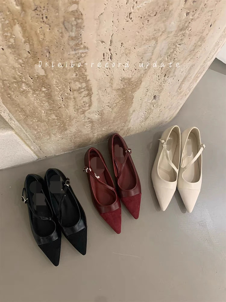 3 Color Womens Flats Mary Janes Shoes Pointed Toe Low Heels Dress Shoes Diagonal Buckle Leather Shoes 240428